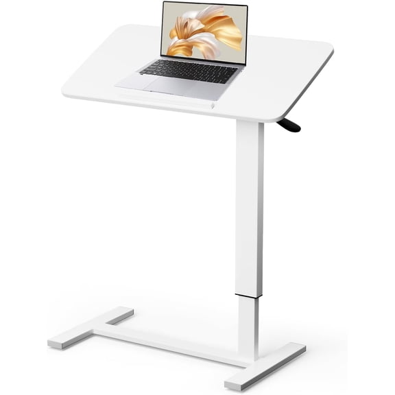 OUKMIC Mobile Standing Desk, Height Adjustable Overbed Table with Wheels, 50° Tiltable Bedside Table, Laptop Cart for Home Office, White