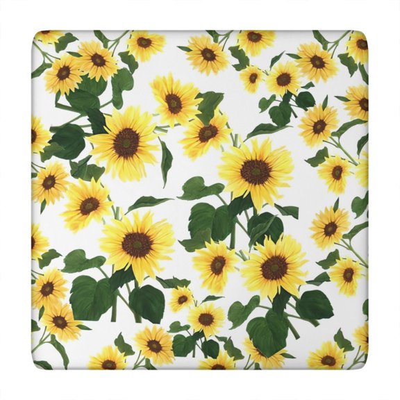 White Green Leaf Sunflower Pattern Square Fitted Tablecloth with Elastic Edge,Square Table Cover,Washable Elastic Table Cover for Home Kitchen Party Decor 34"x34"