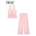 thumbnail image 2 of TRAF-Conjunto de 2 piezas con cuello Halter para mujer, chaleco sin mangas con bolsillo de una sola botonadura, Tops + bolsillos con cremallera de cintura alta, pantalón de pierna ancha, 2 of 5