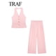 thumbnail image 2 of TRAF-Conjunto de 2 piezas con cuello Halter para mujer, chaleco sin mangas con bolsillo de una sola botonadura, Tops + bolsillos con cremallera de cintura alta, pantalón de pierna ancha, 2 of 5
