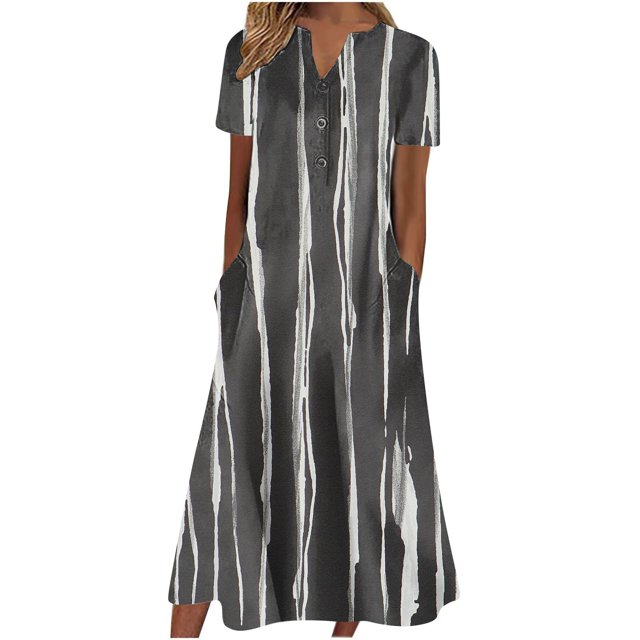 Vestido de swing de manga corta SCZ cuello en V estampado casual verano para mujer negro S