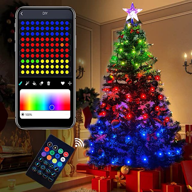 Hongchun Christmas Lights, APP & Remote Controlled Smart Christmas Tree Lights, 100 LED10M Multicolor String Lights Indoor Outdoor, 16 Million Colors Change, Music Sync, Christmas Tree Topper,