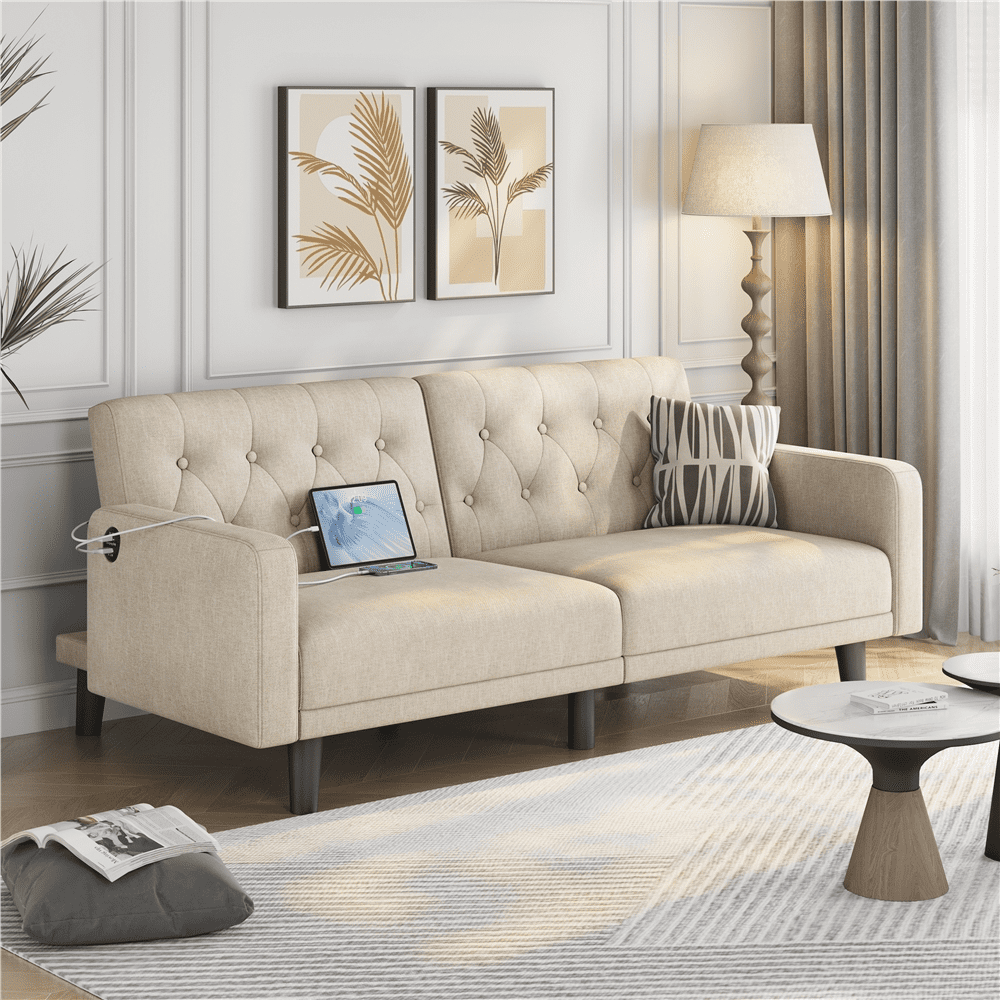 Renwick 63in Convertible Futon Sofa Bed with USB Ports, Beige