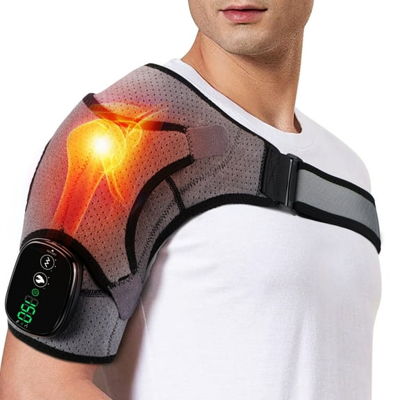 Heated Shoulder Wrap Brace, Cordless Shoulder Heating Pads , Eletric Shoulder Massager with 3 Heating Vibration Settings for Men Women