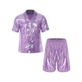 thumbnail image 3 of TiaoBug Men's 2 Piece Summer Outfits Shiny Glossy Semi-Sheer Button Down Shirts and Casual Shorts Set Purple L, 3 of 7
