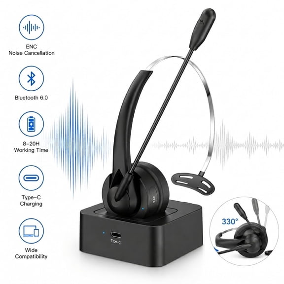 Trucker Bluetooth Headset, Wireless Headset V6.0 with Microphone, Noise Cancelling, Mute Button, Charging Base, On-Ear, Black