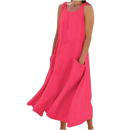 YLSDY Women s Cotton Linen Casual Loose Pockets Long Dress Plain Sleeveless Tank Dress Vacation Beach Solid Midi Dress Hot Pink XL
