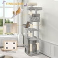 thumbnail image 5 of 72.8" Cat Tree, Large Cat Tower for Indoor Cats, Cats House Furniture with 2 Platforms, 3 Condos, 6 Scratching Posts, 2 Baskets, Pompoms,  Light Grey, 5 of 7