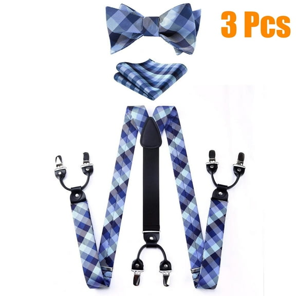 HISDERN Big and Tall Mens Suspenders Gift Set with Bowtie Handkerchief Elastic Y Type 6 Clips Braces