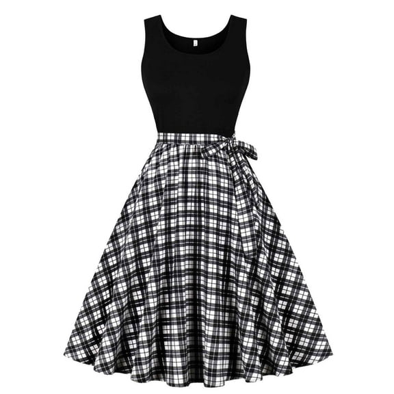 Zkozptok Women's Vintage Plaid Short Dresses High Waist Bowknot Belt Sleeveless Prom Evening Dress
