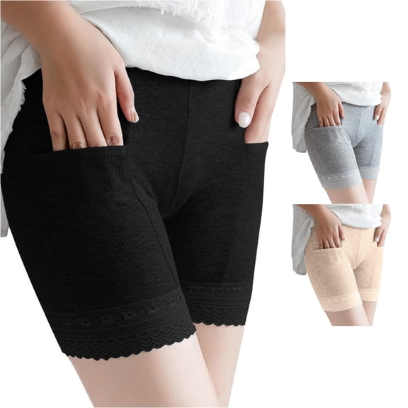 Unir Women's Lace Trim Safety Shorts With Pockets, Ribbed Cotton Anti-See-Through Under Dress Underwear, 1 Piece, S-M-L
