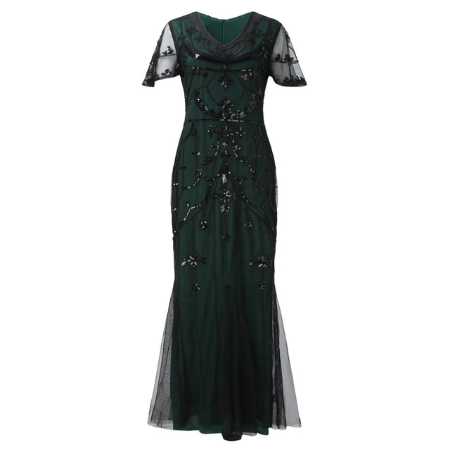 Wdgfv Robe à Franges pour Femmes Années 1920 Col en V Robe de Soirée à Sequins Perles Maxi Robe pour Mariage Vert TTTG