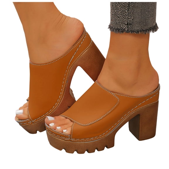 Womens Platform Wedge Sandals Open Toe Leather Slip on Slides Chunky High Heels Dressy Casual Mules Comfortable Shoes Brown Size 6.5