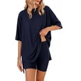 thumbnail image 5 of Oksale Casual Lounge Sets for Women Soft Cozy Short Sleeve Pajamas 2 Piece Drawstring Elastic Waisted Shorts with Pockets Navy XL, 5 of 7