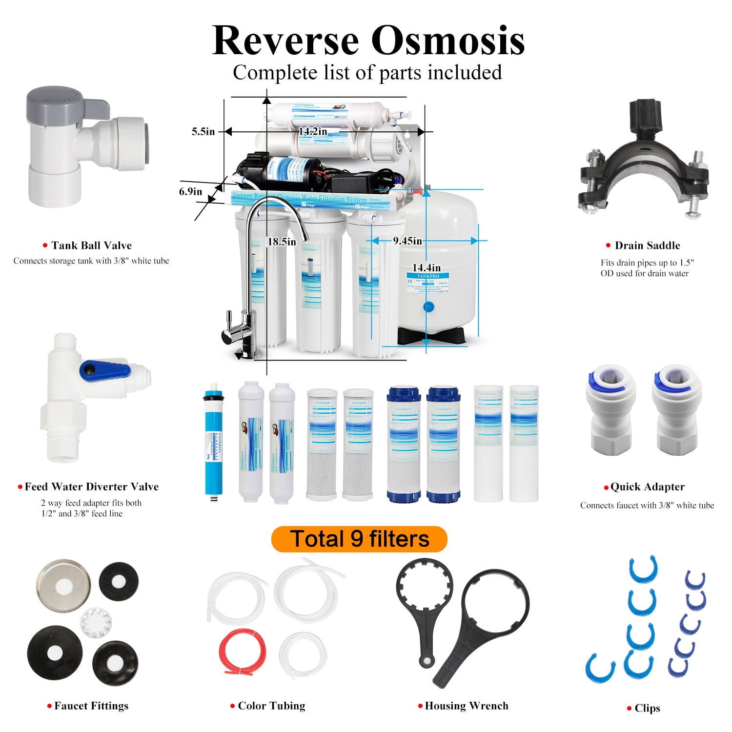 Geekpure 5-Stage Reverse Osmosis Water Filter System with Booster Pump and Extra 4 Filters-75GPD