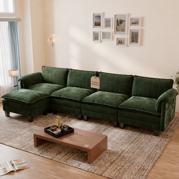 WACASA 154" Oversized Modular Sectional Sofa with 1 Movable Ottoman, 5-Seat L-Shaped Chenille Deep Seat Cloud Couch for Living Room, Green