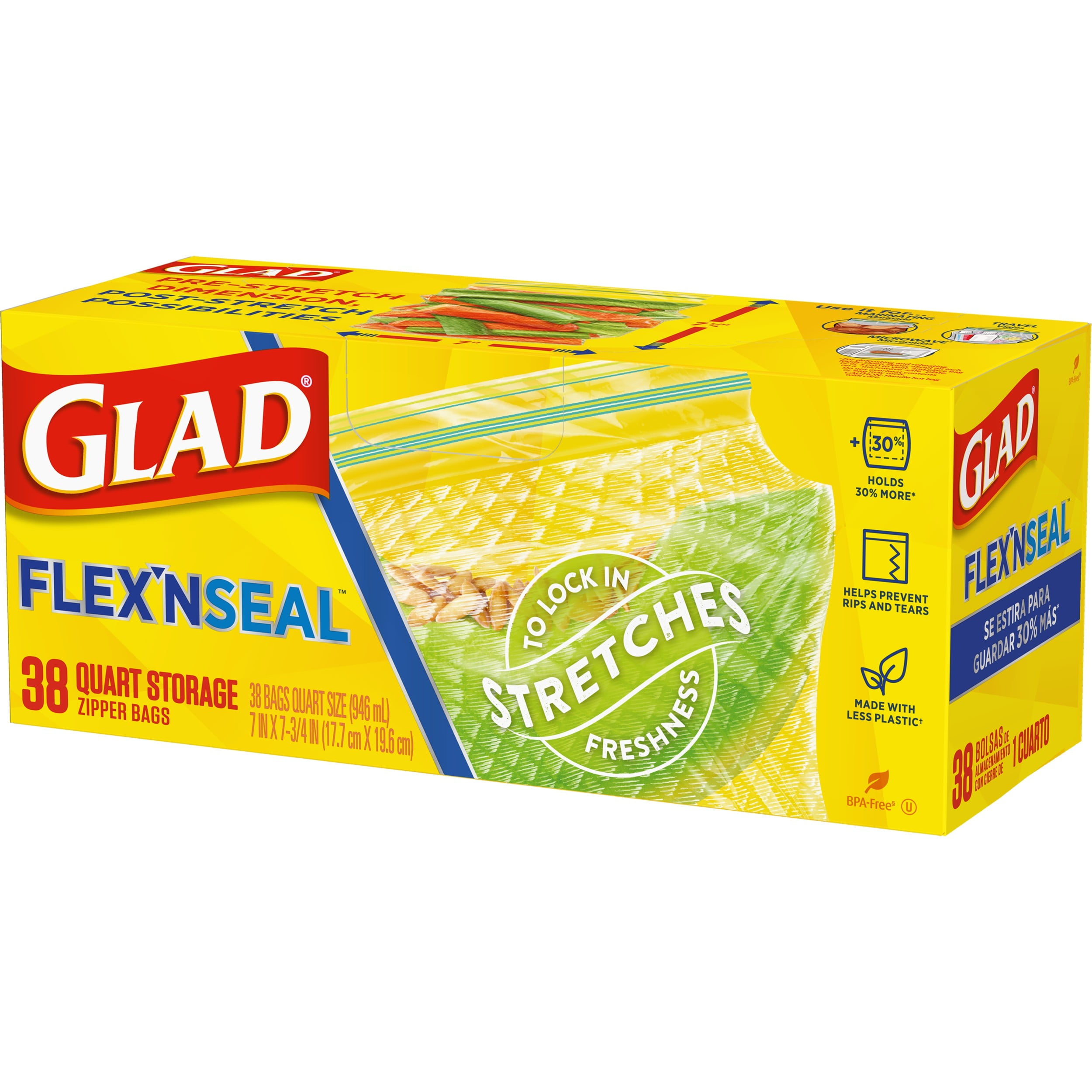 Glad FLEXN SEAL Zipper Food Storage Quart Bags, 38 Count 