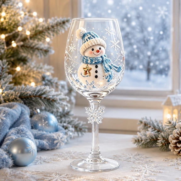 Christmas 3D Wine Glass Collection Gift Box Set, 3D SnowmanChristmas Wine Glass, Raised Holiday Goblet with Snowflake Decoration, Festive Glassware for Wine, Cocktails, Holiday Party,Snowman
