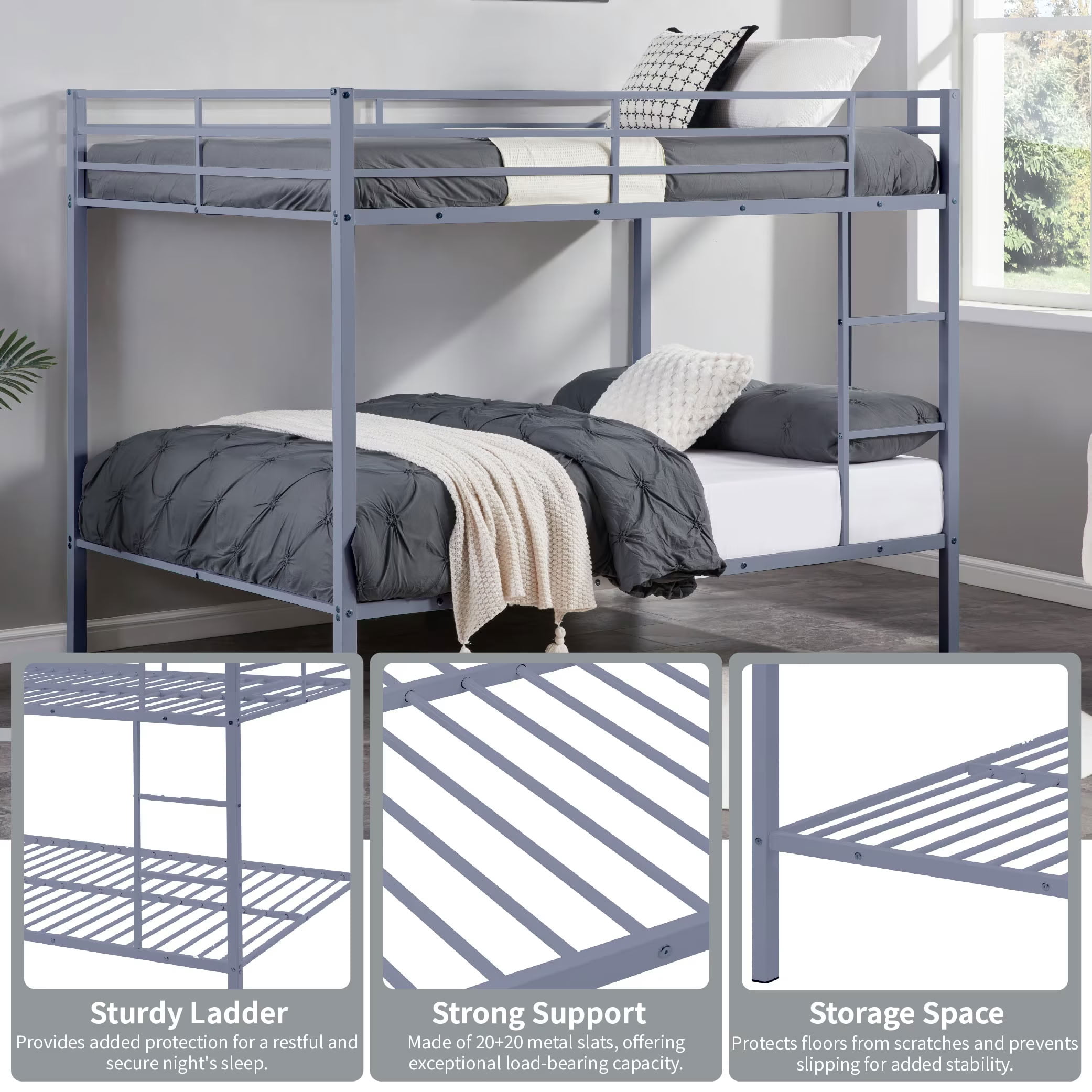 MAYEERTY Full Over Full Metal Bunk Bed, Low Profile Bed Frame with Built-in Ladder and Full Length Guardrails, Space Saving for Kids Teens Dorm Room
