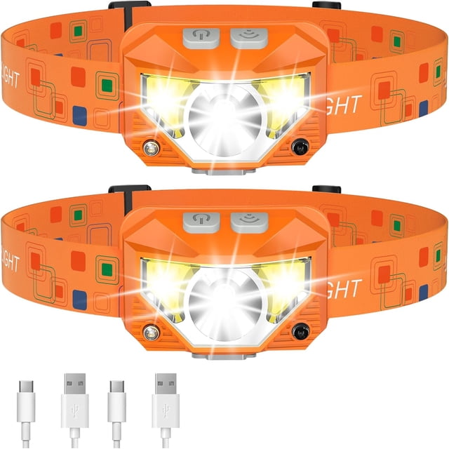 LHKNL Linterna frontal, 1200 lúmenes, ultraligera, brillante, LED, recargable, con luz roja blanca, paquete de 2, lámpara frontal con sensor de movimiento impermeable, 8 modos para acampar al aire lib