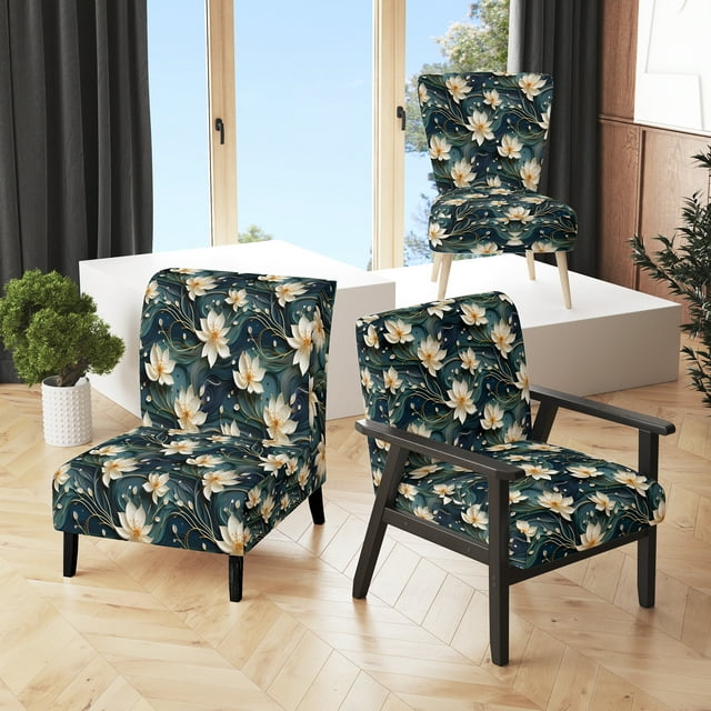 Designart "Tranquil Lotus Zen In White And Gold" White Lotus Pattern Upholstered Accent Chair - Bohemian & Eclectic Arm Chair For Living Room