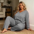thumbnail image 6 of Hvogkswy Plus Size Pajamas for Women Set Solid V Neck Long Sleeve Sleepwear Drawstring Wide Leg Pants Soft Comfy Loungewear Sets with Pockets XL-5XL, 6 of 6