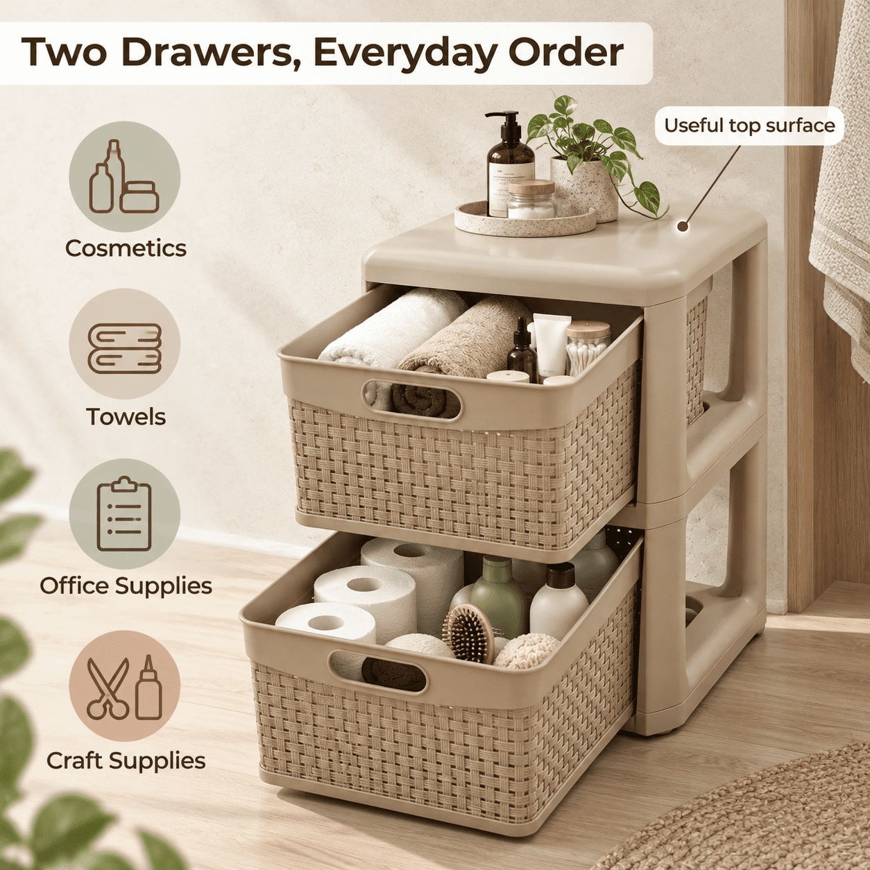 Furnibear 2-Drawer Storage Organizer with Wicker Patterns for Bedroom Bathroom Closet Living Room Nursery Clothes Storage, Brown