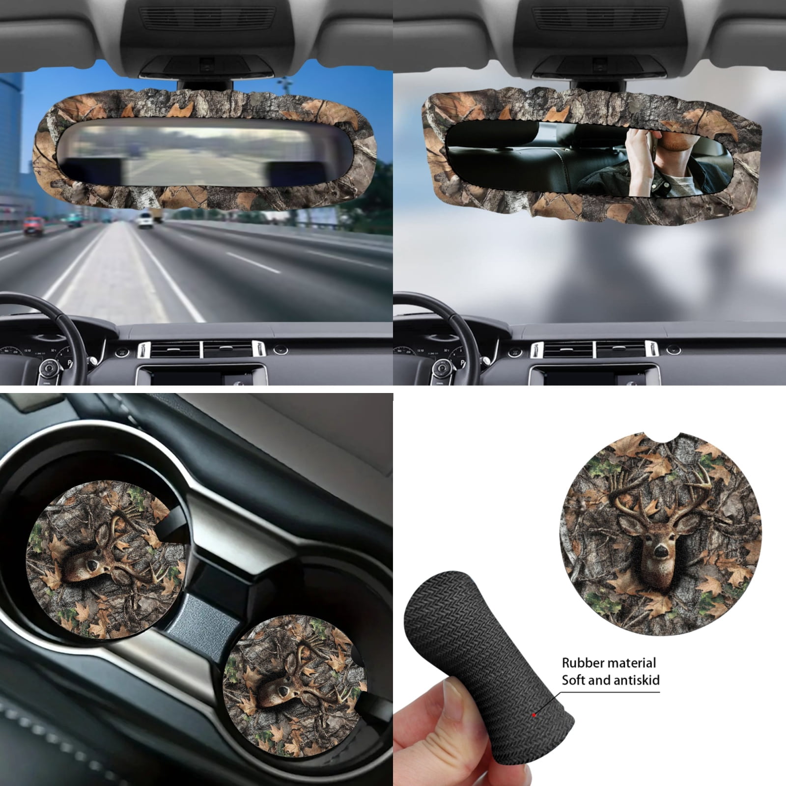 Yuyamidu Deer Front Rear Car Seat Covers Full Set Camo Hunting Steering Wheel Cover Seat Belt Pads Coasters Waste Bin Armrest Cover Cup Holders Rearview Mirror Cover Handbrake Cover Set, 14 Pack