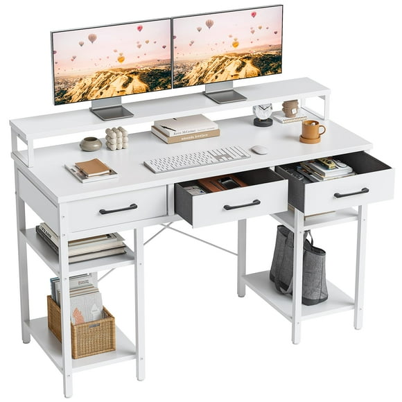 CubiCubi 47 Inch Computer Desk with 3 Drawers and Storage Shelves, Small Home Office Desk with Monitor Stand, Study Writing Table for Bedroom, White
