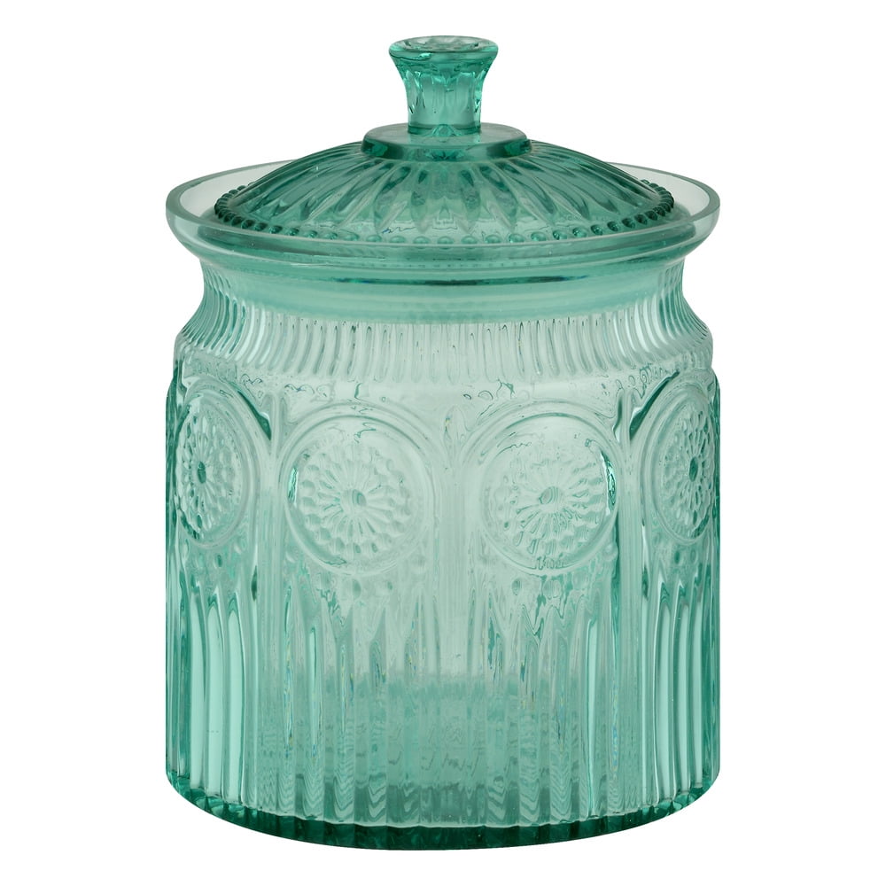 Pioneer Woman Adeline Teal Mini Jar Embossed Glass Food Storage Bath Kitchen 