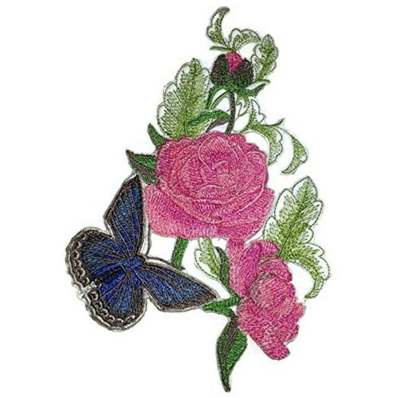 Meleagers Blue Butterfly And Roses Embroidered Iron on/Sew patch [6.74" X 4.86"]