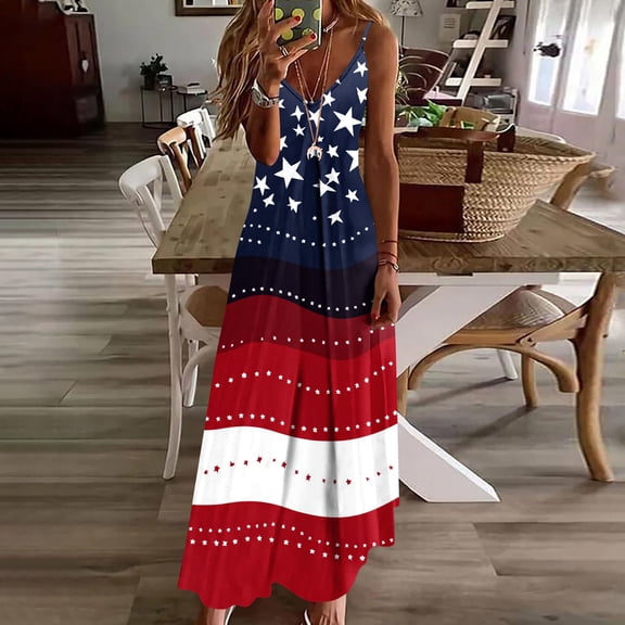 ChaoHeng Womens Dresses Sundresses for 2026 Independence Day Red White Blue Round Neck Printed Loose Dress Multicolor S