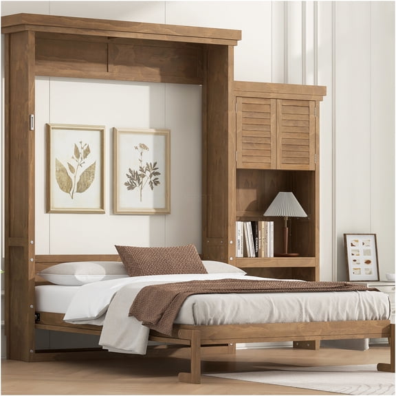 JERFIT Queen Murphy Bed Wall Bed with Bookshelf, Space Saving Folding Bed with Storage Cabinet, Louvered Door, Solid Wood, No Box Spring Needed
