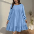 thumbnail image 2 of QQAMB Dresses for Women Plus Size Crewneck Solid Color Long Sleeve Pleated Thin Casual Loose Swing Dresses Blue XL, 2 of 6