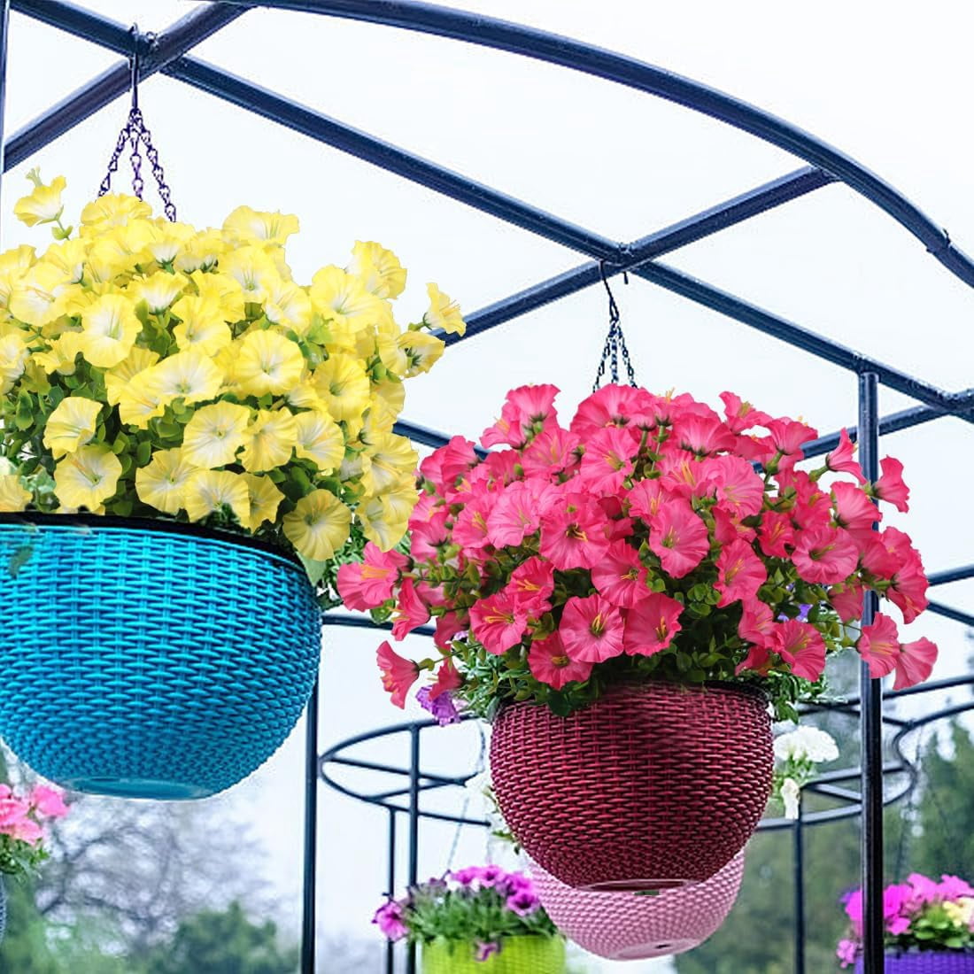 12 Bundles Artificial Morning Glory Fake Boxwood Shrubs UV Resistant No Fade Faux Greenery Plants for Indoor/Outdoor Hanging Planters, Home Garden, Porch, Patio Wedding Decor (Pink)