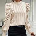 thumbnail image 4 of ATOYSOY Casual Elegant Loose Satin Shirts for Women Mock Neck Button Pullovers Puff Sleeve Business Tees Solid Color Striped Tops Outwear Fall Trendy Beige L, 4 of 5