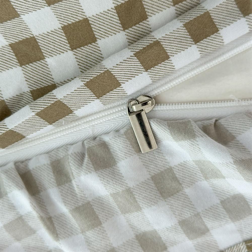 Tan Gingham Ruffle Duvet Cover Queen Size, 3 Pieces Taupe Soft Pre-Washed Microfiber Checked Plaid Comforter Cover Set, Vintage Farmhouse Bedding Set(Tan Gingham, Queen 90"x90")
