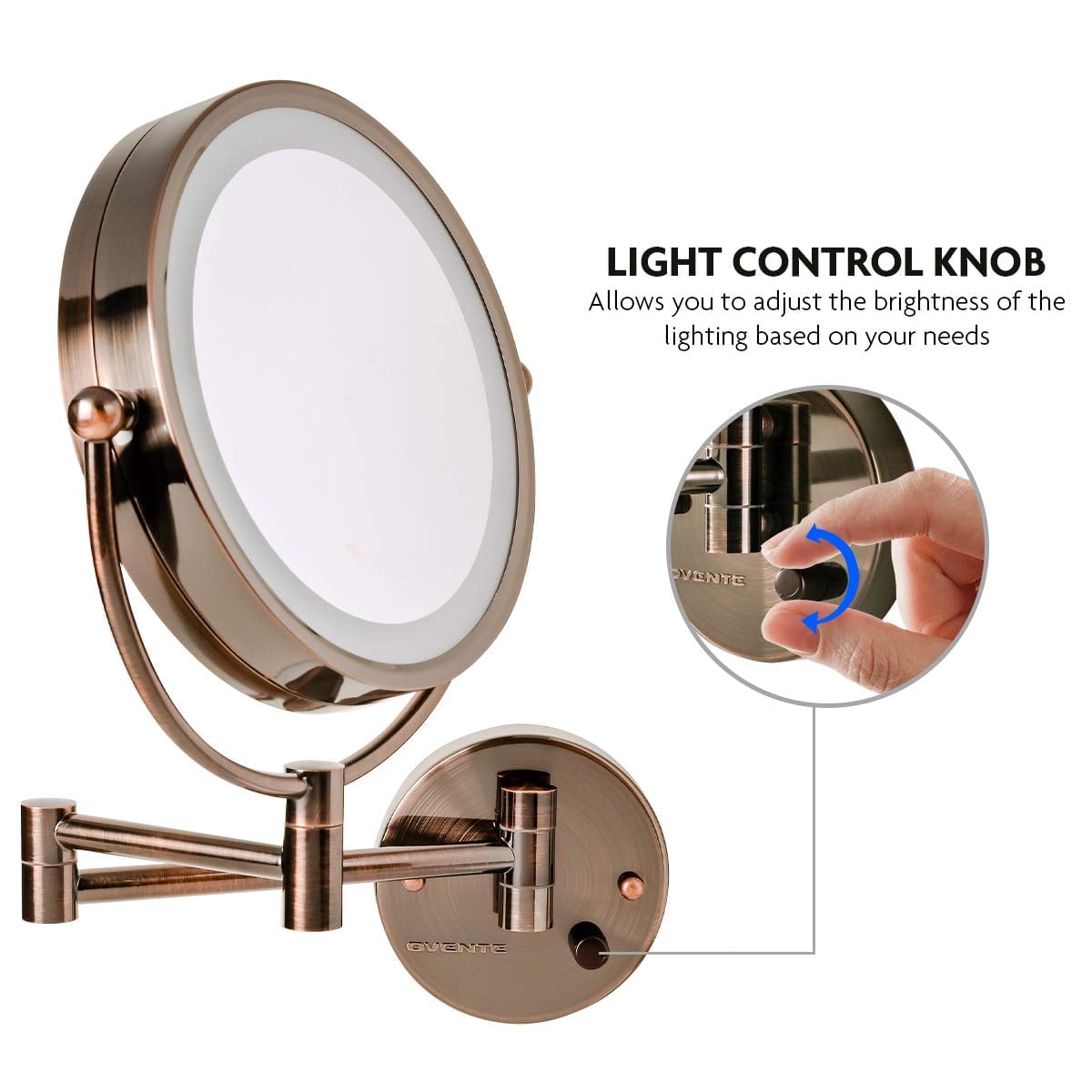 OVENTE Wall Mounted Lighted Makeup Vanity Mirror, 9" Hard Wired Double Sided 1X/7X Magnifying Bathroom Mirror, Dimmable LED Lights, 360° Rotation and 14" Extendable Arm, Antique Brass MPWD3185AB1X7X