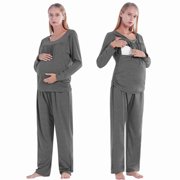 WBQ Nursing Pajamas for Maternity Women 2-Piece Breastfeeding Top & Pants Pregnancy Loungewear Sleepwear Soft Maternity Clothes, Gray