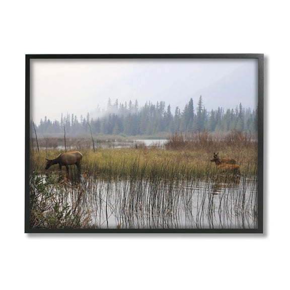 Animals Grazing Creek Landscape Landscape Photograph Black Framed Art Print Wall Art
