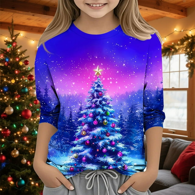 MKOSPLRT T-Shirts pour Enfants à Manches 3/4, Col Rond, T-Shirts Graphiques Arbre de Noël, T-Shirts Décontractés pour Fête de Noël, pour Fille Garçon 3-12 Ans