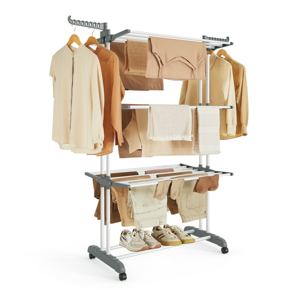 SONGMICS Clothes Drying Rack Stand 4-Tier, Foldable Laundry Drying Rack 68.1-Inch Tall, Stainless Steel, Rolling Clothes Horses Dryer Rack, Easy to Assemble, Indoor Outdoor Use, White