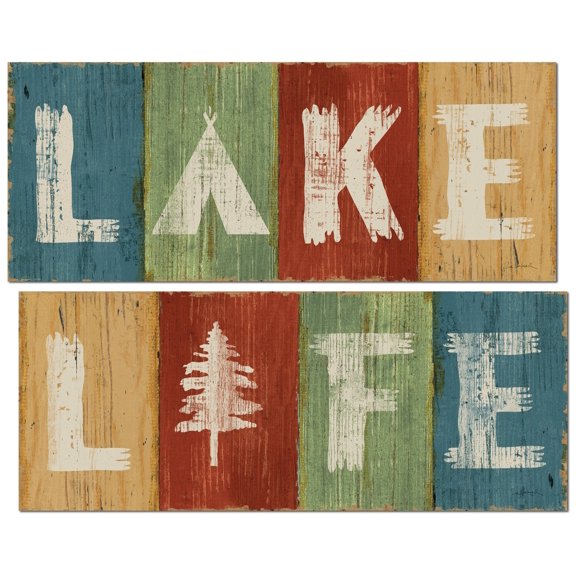 Rustic Mutli-Color "Lake" and "Life" Adult Cabin Decor; 2- 20" x 8" Unframed Paper Prints