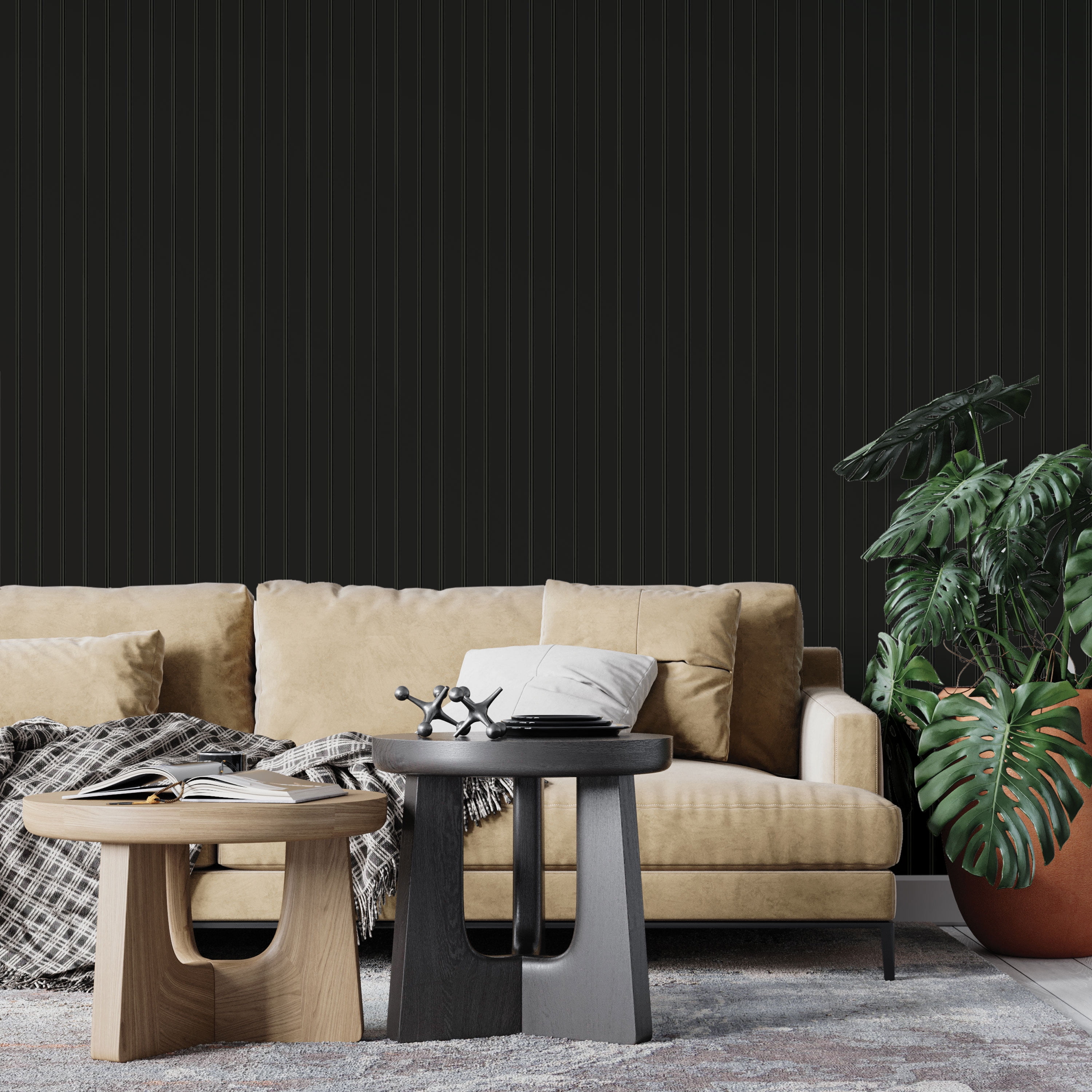 Tempaper Beadboard Black Peel and Stick Wallpaper, 20.5" x 16.5'