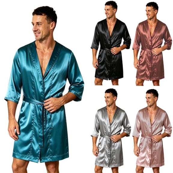 Bovxnpu Mens Robes Bathrobes 3/4 Sleeve Belted Silk Sleepwear Robe Sleepwear