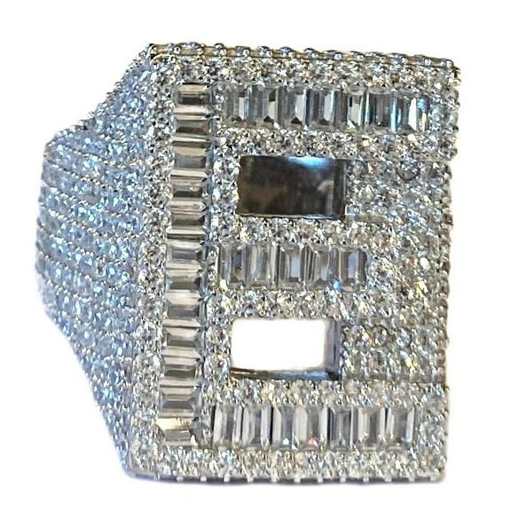 Men's Real Solid 925 Sterling Silver Initial Letter E Iced Baguette Flooded Out Big Hip Hop Ring Size 10