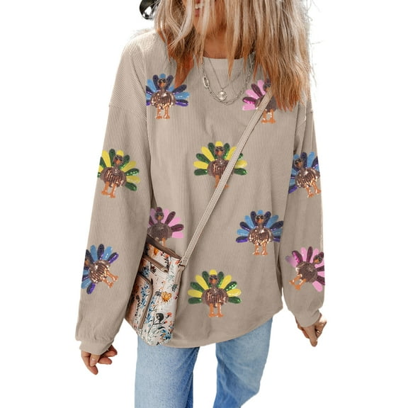 Casual Long Sleeve Graphic Sweatshirt - Eye-Catching Glitter Turkey Design, (US 20-22)2XL