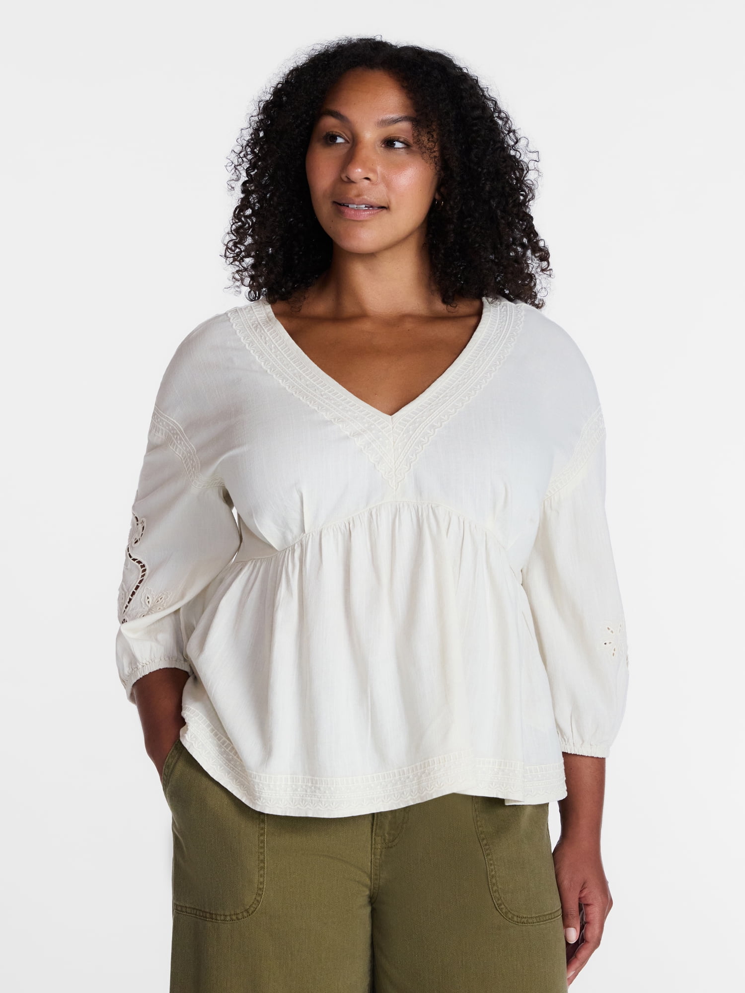 Time and Tru Women's Long Sleeve Poet Sleeve Broderie Anglaise Top, Sizes XS-XXXL