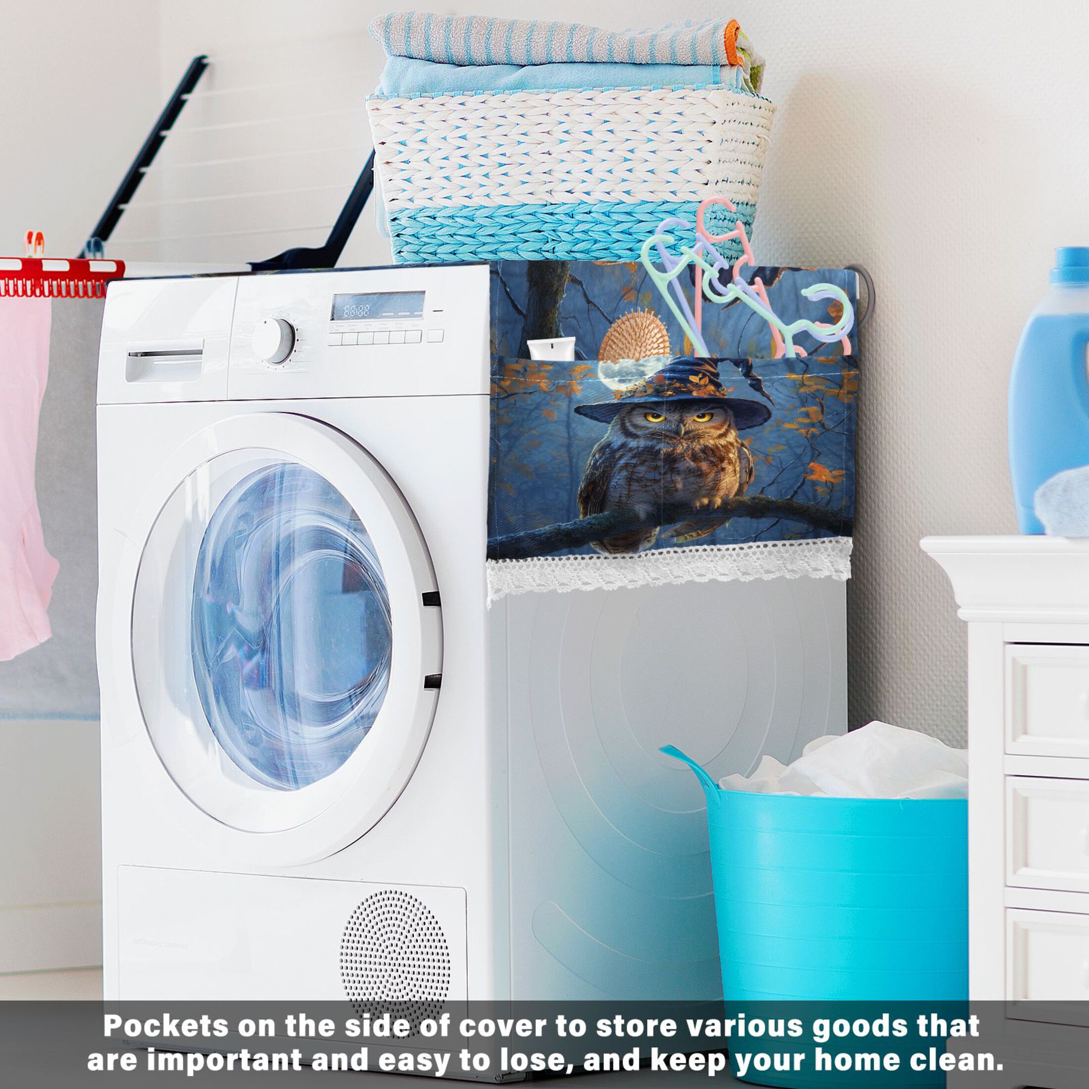 A Wise Old OwlWasher and Dryer Covers Dust-Proof and Oil Resistant Fridge Cover with 4 Storage Pockets Washing Machine Top Cover for Laundry Kitchen Home 51.2 x 22 In