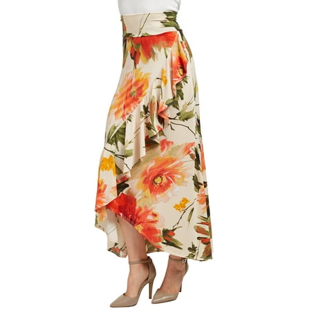 - WB1353 Womens Print Wrapped High Low Ruffle Maxi Skirt XXL CORAL_OLIVE